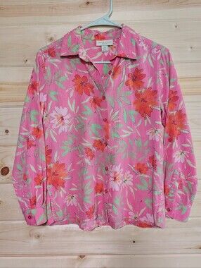 Appleseed’s Petites Pink Floral Button Front Top PS 100% Cotton Coastal Grandma